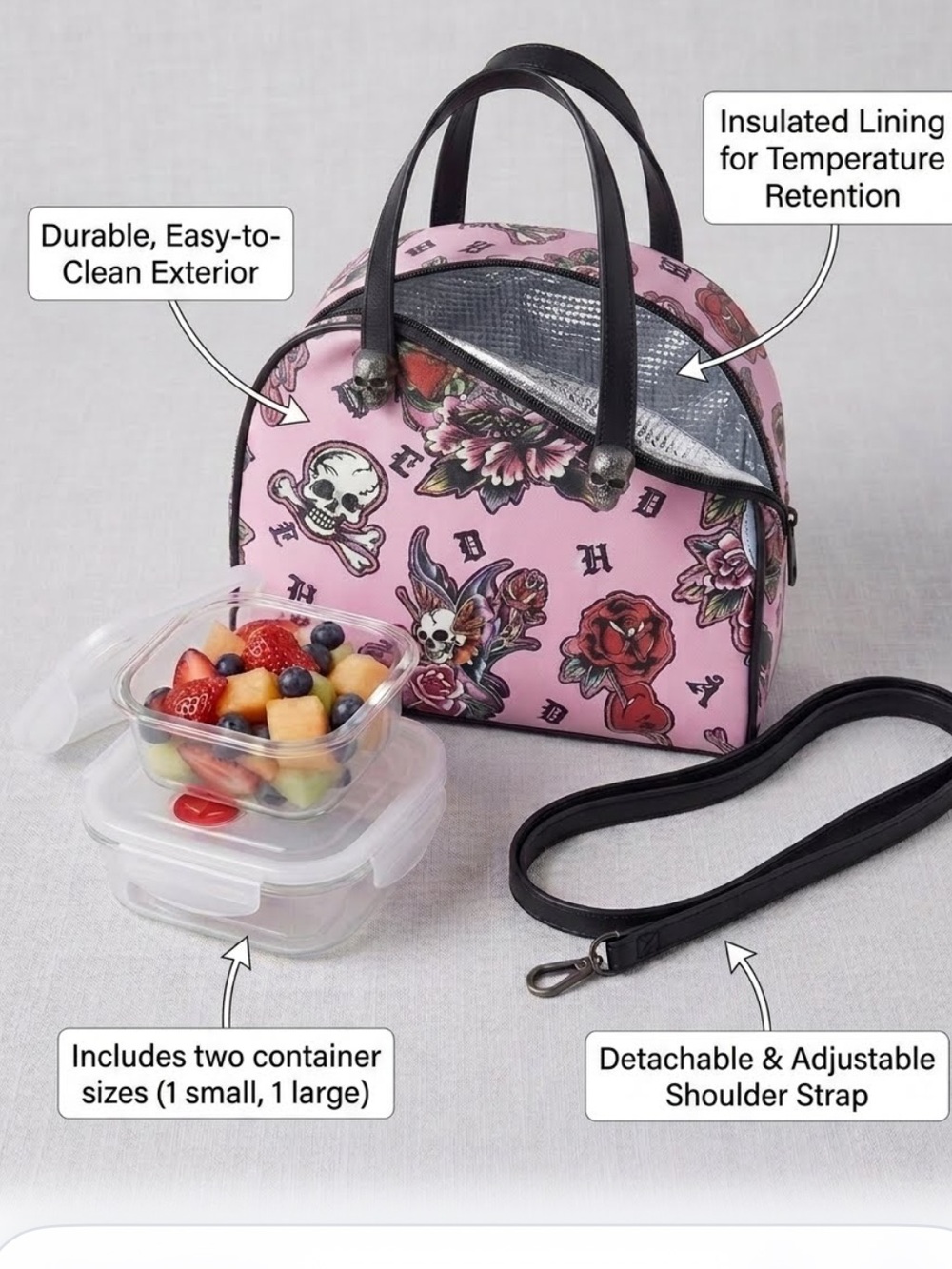 NWT Ed Hardy Pink Skull Y2K Lunch Tote Purse w/ 2 Containers Crossbody